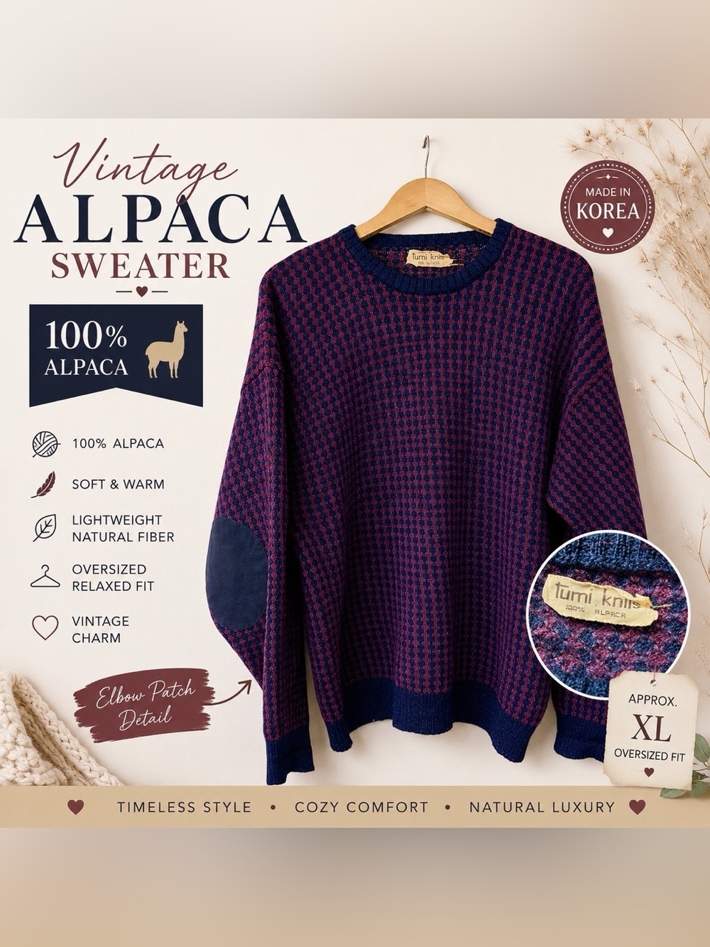 Vintage Tumi Knit 100% Alpaca Sweater Navy Burgundy Elbow Patch Oversized
